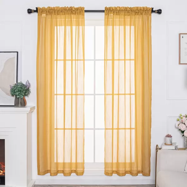 imageFY FIBER HOUSE Sheer Curtains 95 Inches Long Gold 2 Panels Linen Textured Semi Decor Drapes Voile Net Rod Pocket for Living Room Bedroom 52Wx95L Inch Golden YellowGold Rod Pocket