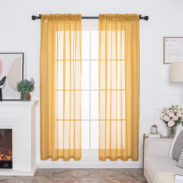 imageFY FIBER HOUSE Sheer Curtains 95 Inches Long Gold 2 Panels Linen Textured Semi Decor Drapes Voile Net Rod Pocket for Living Room Bedroom 52Wx95L Inch Golden YellowGold Rod Pocket