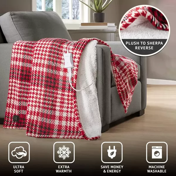 imageBeautyrest Plush to Sherpa Reversible Electric Blanket Builtin Soft Button Controller Auto Shut Off Multi Heat Setting UL Certified Machine Washable Heated Throw 50x60 Grey PlaidRed Plaid