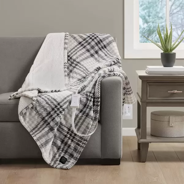 imageBeautyrest Plush to Sherpa Reversible Electric Blanket Builtin Soft Button Controller Auto Shut Off Multi Heat Setting UL Certified Machine Washable Heated Throw 50x60 Grey PlaidGrey Plaid