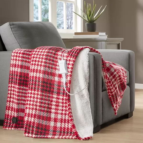 imageBeautyrest Plush to Sherpa Reversible Electric Blanket Builtin Soft Button Controller Auto Shut Off Multi Heat Setting UL Certified Machine Washable Heated Throw 50x60 Grey PlaidRed Plaid