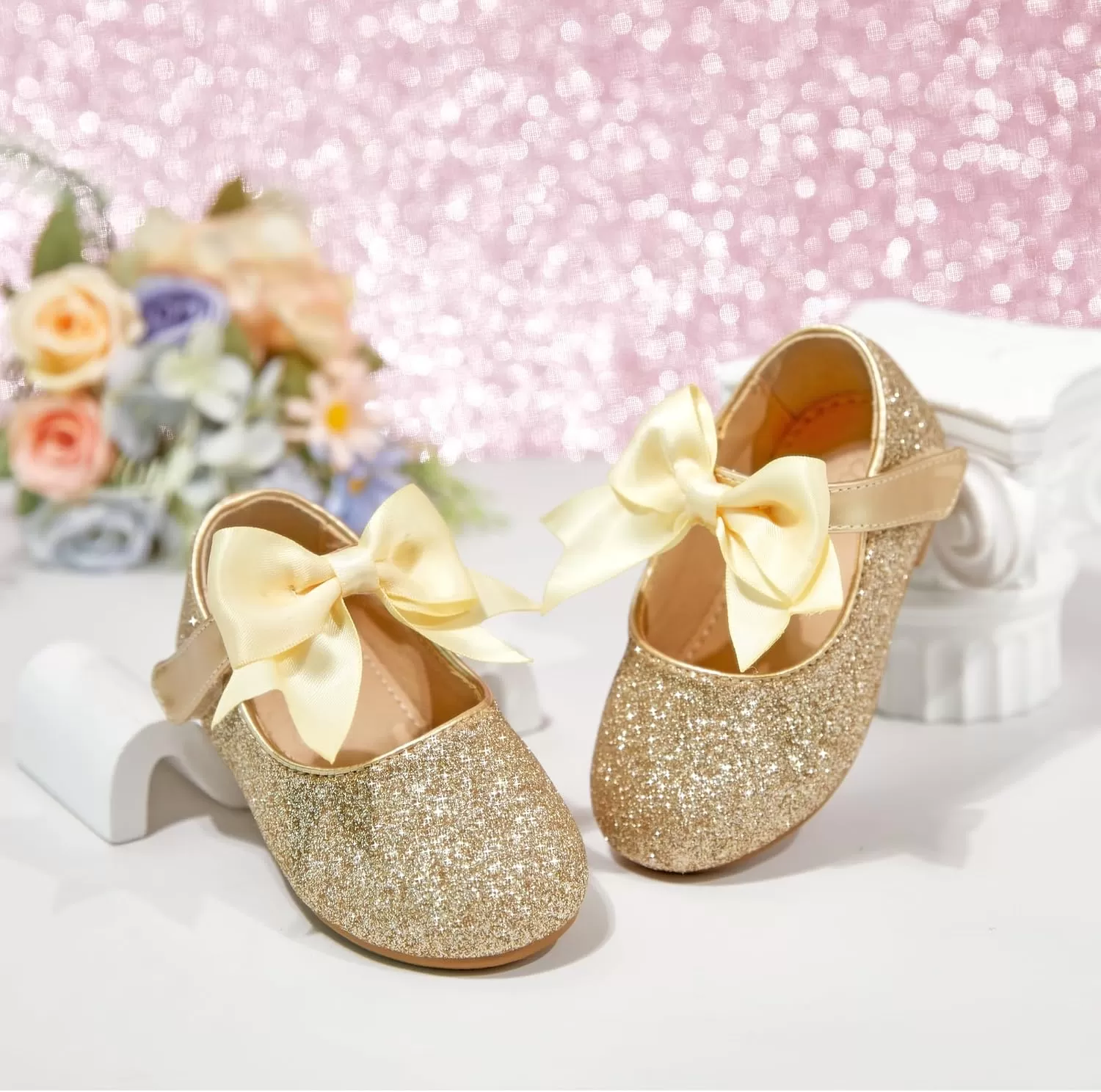 imageFlaryzone ToddlerLittle Girls Ballerina Flat Mary Jane Princess Dress Shoes  Wedding School PartyGoldfm12