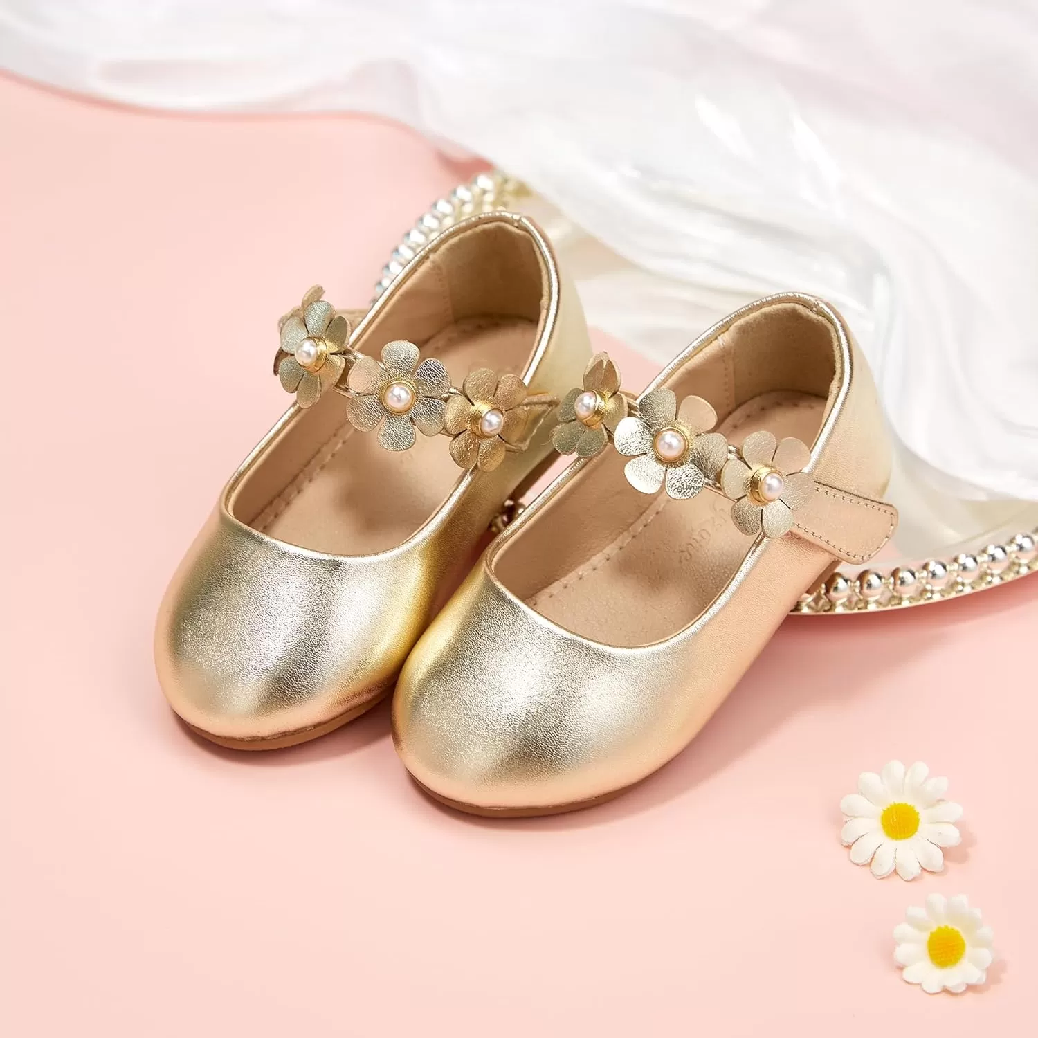 imageFlaryzone ToddlerLittle Girls Ballerina Flat Mary Jane Princess Dress Shoes  Wedding School PartyGoldfm15