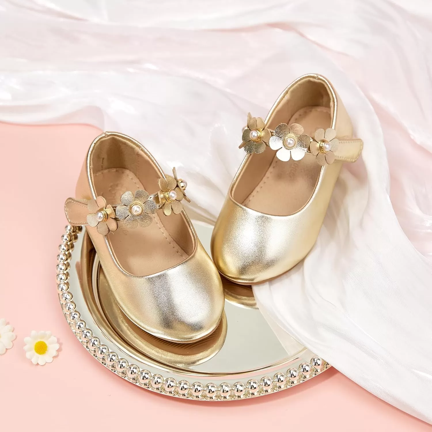 imageFlaryzone ToddlerLittle Girls Ballerina Flat Mary Jane Princess Dress Shoes  Wedding School PartyGoldfm15