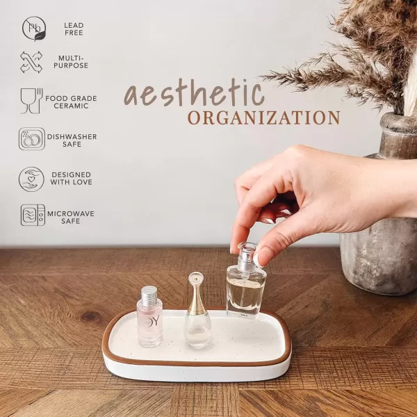 imageMora Ceramic Decorative Tray  Rectangle 10in Dish for Jewelry Soap Dispenser Perfume Makeup Accessories Candle in The Bathroom Vanity Bedside or Kitchen Counter Cute Organizers  BlackVanilla White