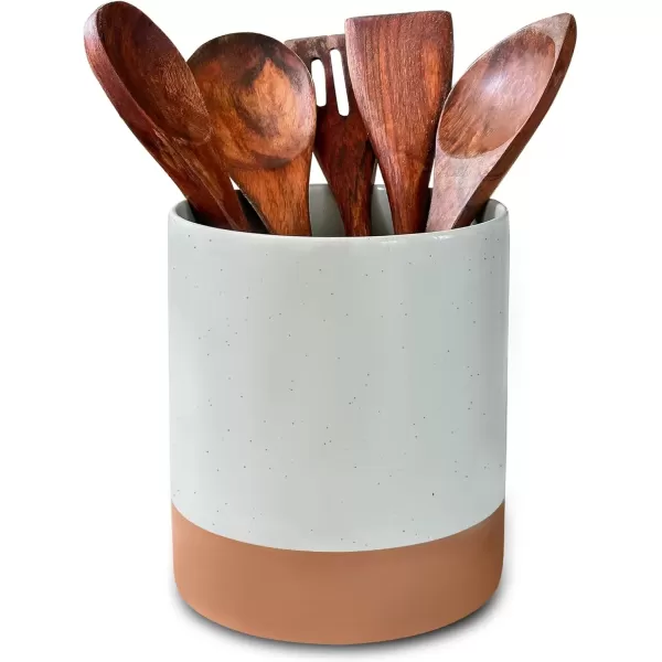 imageMora Ceramic Kitchen Utensil Holder  Wooden Spoon ampamp Spatula Crock for Countertop Modern Farmhouse Home Decor Extra Large 73quot Cooking Organizer for Stove Top and Counter  Heavy ampamp Sturdy  ChaiEarl Grey