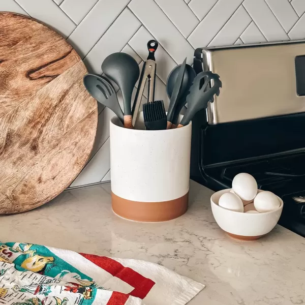 imageMora Ceramic Kitchen Utensil Holder  Wooden Spoon ampamp Spatula Crock for Countertop Modern Farmhouse Home Decor Extra Large 73quot Cooking Organizer for Stove Top and Counter  Heavy ampamp Sturdy  ChaiVanilla White