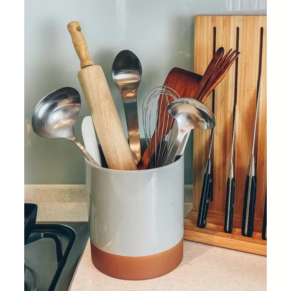 imageMora Ceramic Kitchen Utensil Holder  Wooden Spoon ampamp Spatula Crock for Countertop Modern Farmhouse Home Decor Extra Large 73quot Cooking Organizer for Stove Top and Counter  Heavy ampamp Sturdy  ChaiEarl Grey