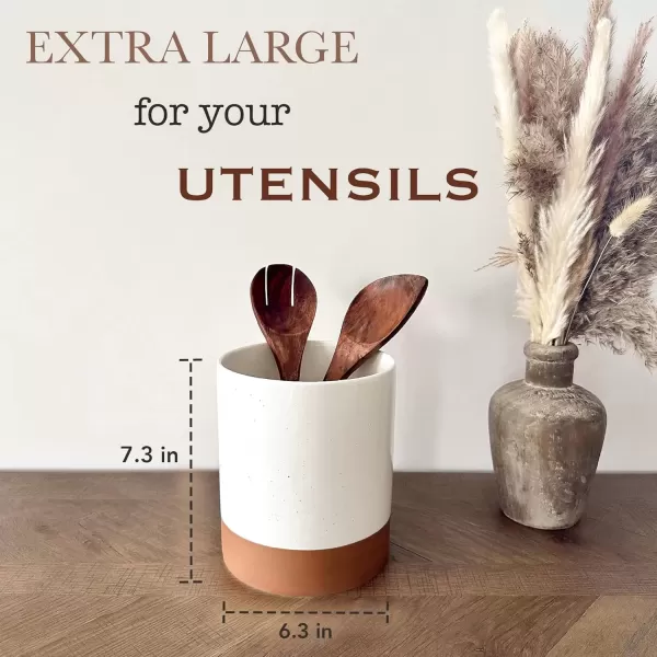imageMora Ceramic Kitchen Utensil Holder  Wooden Spoon ampamp Spatula Crock for Countertop Modern Farmhouse Home Decor Extra Large 73quot Cooking Organizer for Stove Top and Counter  Heavy ampamp Sturdy  ChaiVanilla White