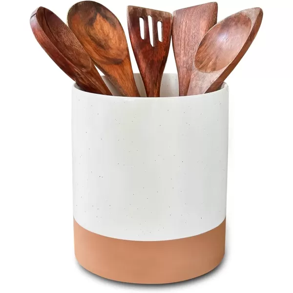 imageMora Ceramic Kitchen Utensil Holder  Wooden Spoon ampamp Spatula Crock for Countertop Modern Farmhouse Home Decor Extra Large 73quot Cooking Organizer for Stove Top and Counter  Heavy ampamp Sturdy  ChaiVanilla White