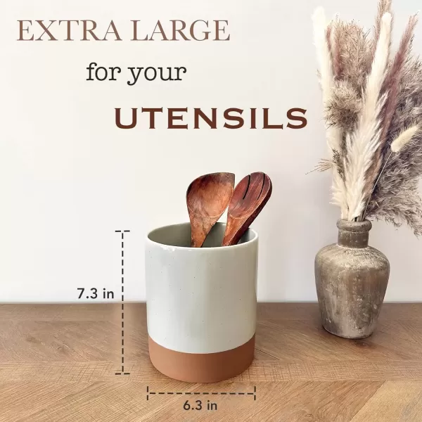 imageMora Ceramic Kitchen Utensil Holder  Wooden Spoon ampamp Spatula Crock for Countertop Modern Farmhouse Home Decor Extra Large 73quot Cooking Organizer for Stove Top and Counter  Heavy ampamp Sturdy  ChaiEarl Grey