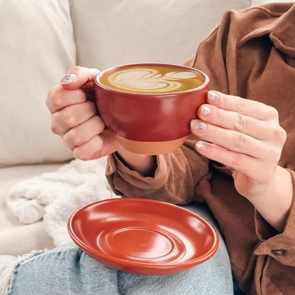 imageMora Ceramic Latte Art Mug With Saucer  105 oz Round Bottom For Perfect Pours  Cafe Cups for Cappuccino Espresso Coffee Tea etc  Porcelain Set for Baristas Great Gift  Shadow GreyCrimson Red