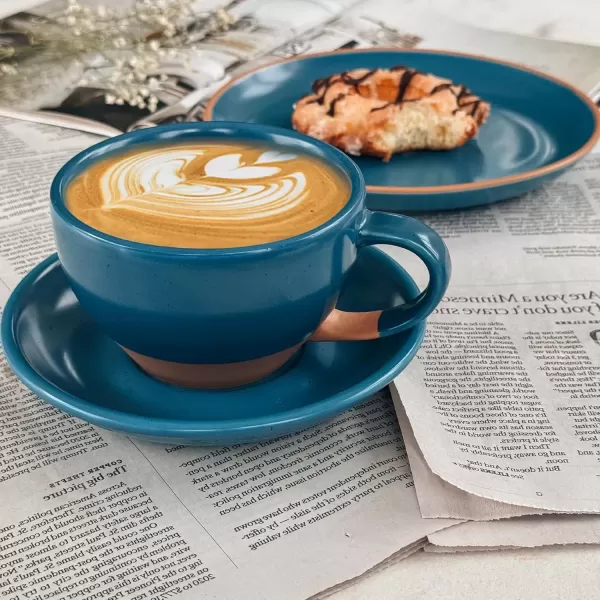 imageMora Ceramic Latte Art Mug With Saucer  105 oz Round Bottom For Perfect Pours  Cafe Cups for Cappuccino Espresso Coffee Tea etc  Porcelain Set for Baristas Great Gift  Shadow GreyAzure Blue