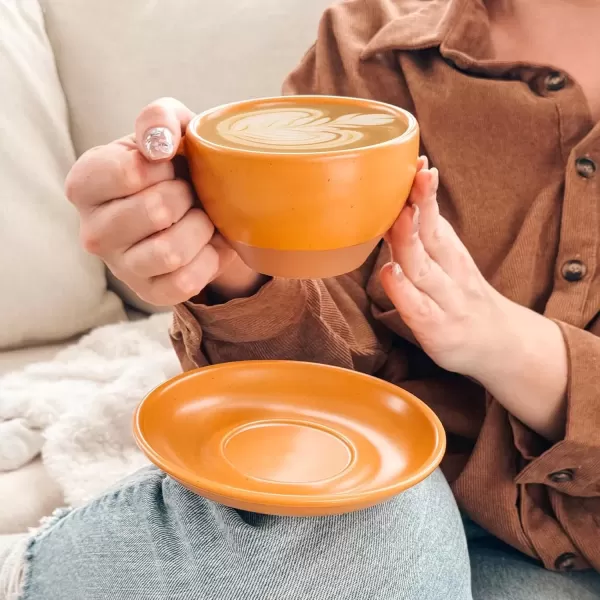 imageMora Ceramic Latte Art Mug With Saucer  105 oz Round Bottom For Perfect Pours  Cafe Cups for Cappuccino Espresso Coffee Tea etc  Porcelain Set for Baristas Great Gift  Shadow GreyPumpkin Orange