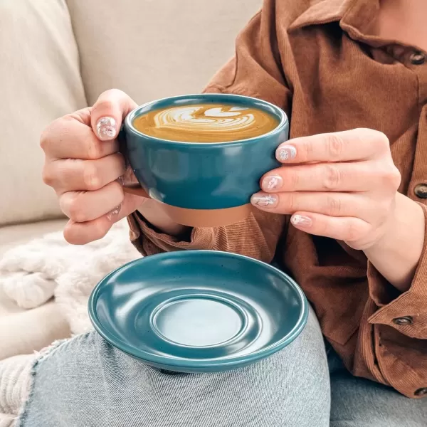 imageMora Ceramic Latte Art Mug With Saucer  105 oz Round Bottom For Perfect Pours  Cafe Cups for Cappuccino Espresso Coffee Tea etc  Porcelain Set for Baristas Great Gift  Shadow GreyAzure Blue