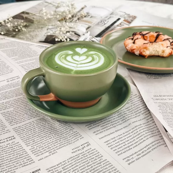 imageMora Ceramic Latte Art Mug With Saucer  105 oz Round Bottom For Perfect Pours  Cafe Cups for Cappuccino Espresso Coffee Tea etc  Porcelain Set for Baristas Great Gift  Shadow GreyMoss Green