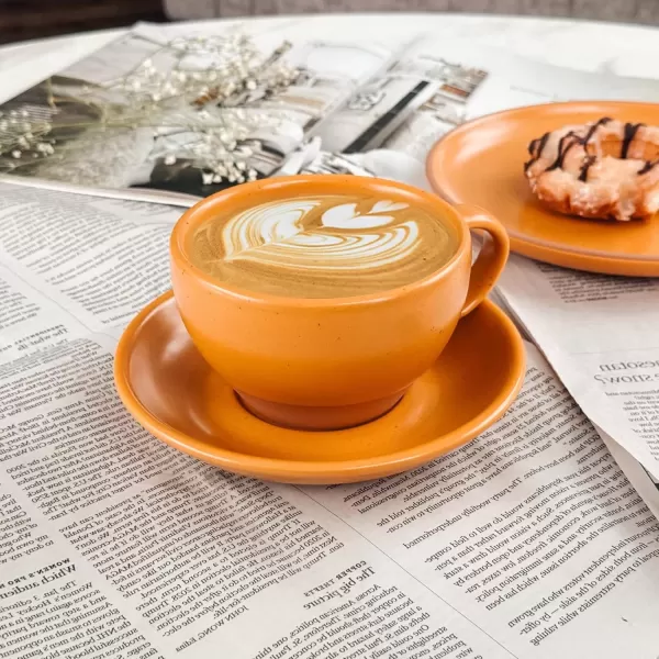 imageMora Ceramic Latte Art Mug With Saucer  105 oz Round Bottom For Perfect Pours  Cafe Cups for Cappuccino Espresso Coffee Tea etc  Porcelain Set for Baristas Great Gift  Shadow GreyPumpkin Orange