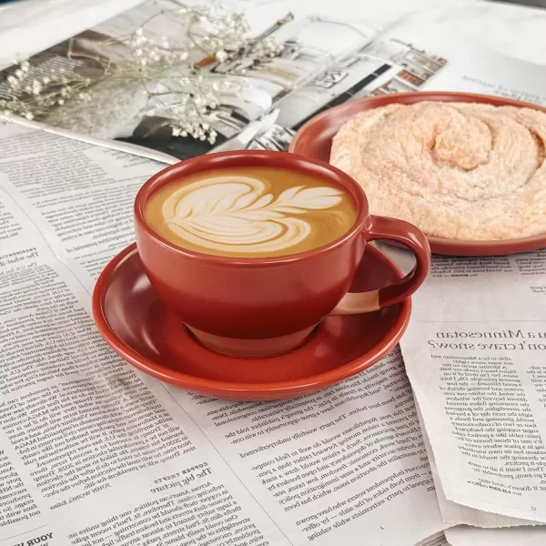 imageMora Ceramic Latte Art Mug With Saucer  105 oz Round Bottom For Perfect Pours  Cafe Cups for Cappuccino Espresso Coffee Tea etc  Porcelain Set for Baristas Great Gift  Shadow GreyCrimson Red