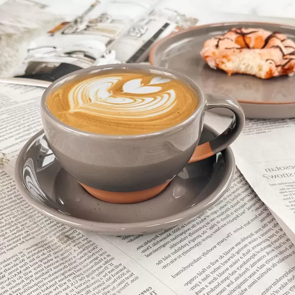imageMora Ceramic Latte Art Mug With Saucer  105 oz Round Bottom For Perfect Pours  Cafe Cups for Cappuccino Espresso Coffee Tea etc  Porcelain Set for Baristas Great Gift  Shadow GreySesame Milk