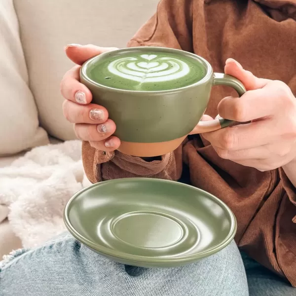 imageMora Ceramic Latte Art Mug With Saucer  105 oz Round Bottom For Perfect Pours  Cafe Cups for Cappuccino Espresso Coffee Tea etc  Porcelain Set for Baristas Great Gift  Shadow GreyMoss Green