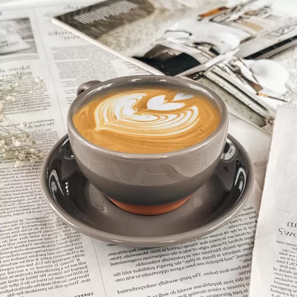 imageMora Ceramic Latte Art Mug With Saucer  105 oz Round Bottom For Perfect Pours  Cafe Cups for Cappuccino Espresso Coffee Tea etc  Porcelain Set for Baristas Great Gift  Shadow GreySesame Milk