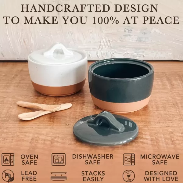 imageMora Ceramic Salt and Pepper Cellar Set with Lid  10 oz Modern CanisterContainerBowl for Storage Sea Salt Spice Sugar Countertop  Small DishJar with Wood Spoon Azure Blue ampamp Crimson Red CrockCharcoal  White