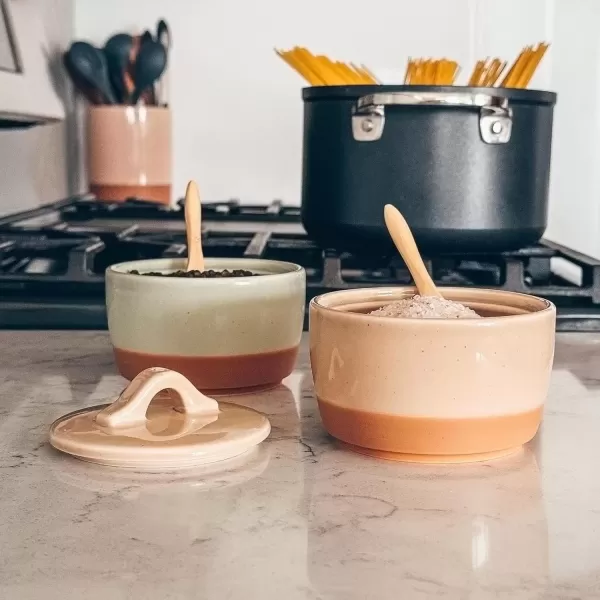 imageMora Ceramic Salt and Pepper Cellar Set with Lid  10 oz Modern CanisterContainerBowl for Storage Sea Salt Spice Sugar Countertop  Small DishJar with Wood Spoon Azure Blue ampamp Crimson Red CrockMatcha  Chai