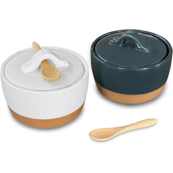 imageMora Ceramic Salt and Pepper Cellar Set with Lid  10 oz Modern CanisterContainerBowl for Storage Sea Salt Spice Sugar Countertop  Small DishJar with Wood Spoon Azure Blue ampamp Crimson Red CrockCharcoal  White