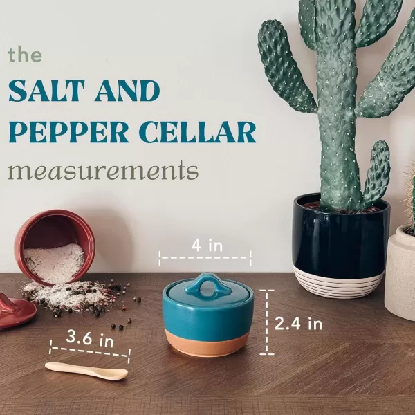 imageMora Ceramic Salt and Pepper Cellar Set with Lid  10 oz Modern CanisterContainerBowl for Storage Sea Salt Spice Sugar Countertop  Small DishJar with Wood Spoon Azure Blue ampamp Crimson Red CrockAzure Blue  Crimson Red