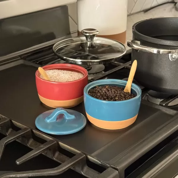 imageMora Ceramic Salt and Pepper Cellar Set with Lid  10 oz Modern CanisterContainerBowl for Storage Sea Salt Spice Sugar Countertop  Small DishJar with Wood Spoon Azure Blue ampamp Crimson Red CrockAzure Blue  Crimson Red