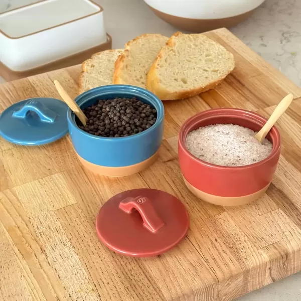 imageMora Ceramic Salt and Pepper Cellar Set with Lid  10 oz Modern CanisterContainerBowl for Storage Sea Salt Spice Sugar Countertop  Small DishJar with Wood Spoon Azure Blue ampamp Crimson Red CrockAzure Blue  Crimson Red