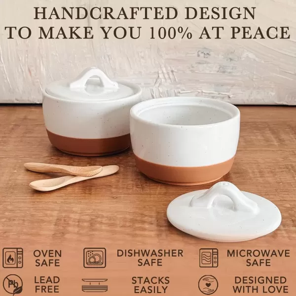 imageMora Ceramic Salt and Pepper Cellar Set with Lid  10 oz Modern CanisterContainerBowl for Storage Sea Salt Spice Sugar Countertop  Small DishJar with Wood Spoon Azure Blue ampamp Crimson Red CrockVanilla White