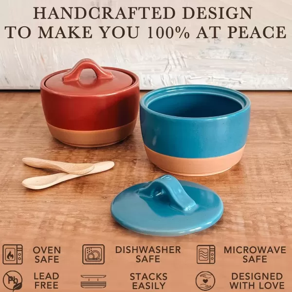 imageMora Ceramic Salt and Pepper Cellar Set with Lid  10 oz Modern CanisterContainerBowl for Storage Sea Salt Spice Sugar Countertop  Small DishJar with Wood Spoon Azure Blue ampamp Crimson Red CrockAzure Blue  Crimson Red