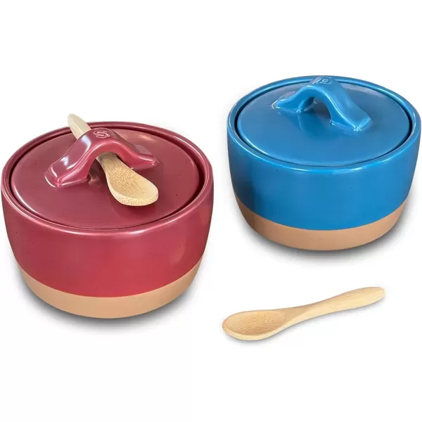 imageMora Ceramic Salt and Pepper Cellar Set with Lid  10 oz Modern CanisterContainerBowl for Storage Sea Salt Spice Sugar Countertop  Small DishJar with Wood Spoon Azure Blue ampamp Crimson Red CrockAzure Blue  Crimson Red