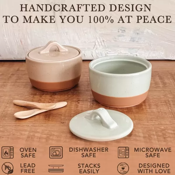imageMora Ceramic Salt and Pepper Cellar Set with Lid  10 oz Modern CanisterContainerBowl for Storage Sea Salt Spice Sugar Countertop  Small DishJar with Wood Spoon Azure Blue ampamp Crimson Red CrockMatcha  Chai