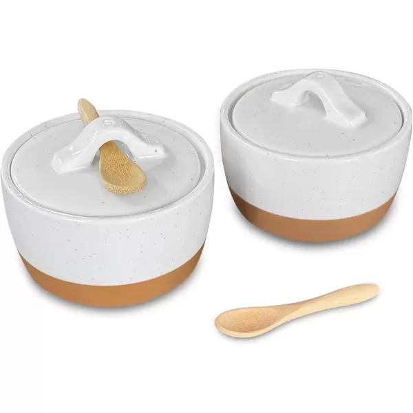 imageMora Ceramic Salt and Pepper Cellar Set with Lid  10 oz Modern CanisterContainerBowl for Storage Sea Salt Spice Sugar Countertop  Small DishJar with Wood Spoon Azure Blue ampamp Crimson Red CrockVanilla White