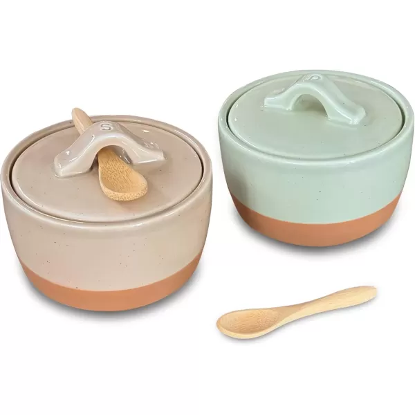 imageMora Ceramic Salt and Pepper Cellar Set with Lid  10 oz Modern CanisterContainerBowl for Storage Sea Salt Spice Sugar Countertop  Small DishJar with Wood Spoon Azure Blue ampamp Crimson Red CrockMatcha  Chai