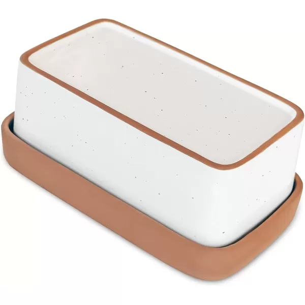 imageMora Ceramic TwoinOne Butter Dish with Lid Covered Butter Crock Container to Leave on Countertop  Large Storage KeeperHolder for Kitchen Gifts for Her Butter Tray For Counter  Sesame MilkVanilla White