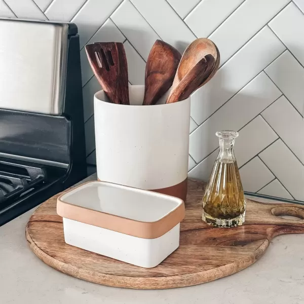 imageMora Ceramic TwoinOne Butter Dish with Lid Covered Butter Crock Container to Leave on Countertop  Large Storage KeeperHolder for Kitchen Gifts for Her Butter Tray For Counter  Sesame MilkVanilla White