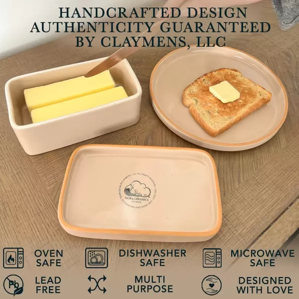 imageMora Ceramic TwoinOne Butter Dish with Lid Covered Butter Crock Container to Leave on Countertop  Large Storage KeeperHolder for Kitchen Gifts for Her Butter Tray For Counter  Sesame MilkChai