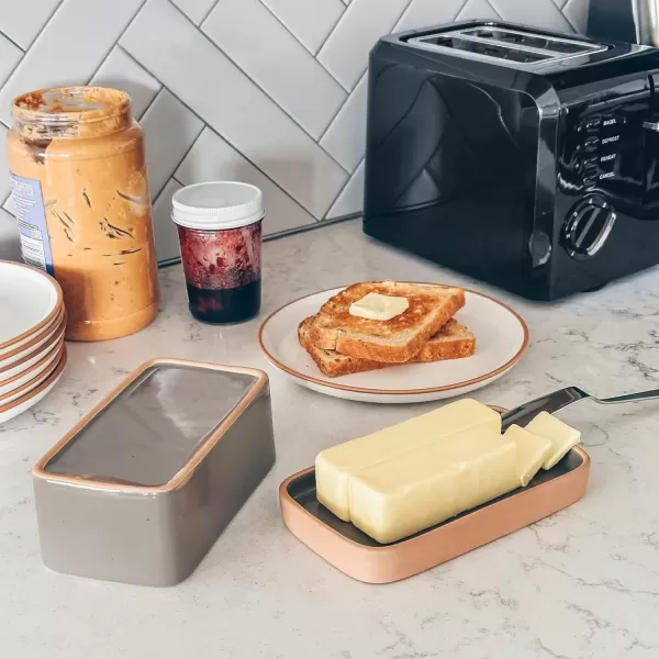imageMora Ceramic TwoinOne Butter Dish with Lid Covered Butter Crock Container to Leave on Countertop  Large Storage KeeperHolder for Kitchen Gifts for Her Butter Tray For Counter  Sesame MilkSesame Milk