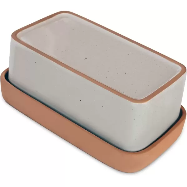 imageMora Ceramic TwoinOne Butter Dish with Lid Covered Butter Crock Container to Leave on Countertop  Large Storage KeeperHolder for Kitchen Gifts for Her Butter Tray For Counter  Sesame MilkEarl Grey