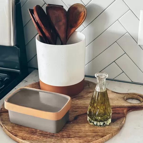 imageMora Ceramic TwoinOne Butter Dish with Lid Covered Butter Crock Container to Leave on Countertop  Large Storage KeeperHolder for Kitchen Gifts for Her Butter Tray For Counter  Sesame MilkSesame Milk