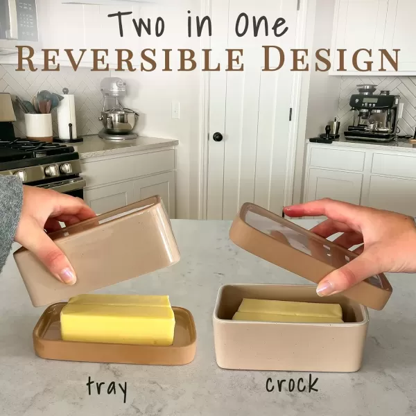 imageMora Ceramic TwoinOne Butter Dish with Lid Covered Butter Crock Container to Leave on Countertop  Large Storage KeeperHolder for Kitchen Gifts for Her Butter Tray For Counter  Sesame MilkChai