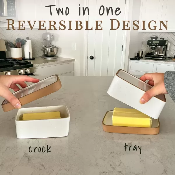 imageMora Ceramic TwoinOne Butter Dish with Lid Covered Butter Crock Container to Leave on Countertop  Large Storage KeeperHolder for Kitchen Gifts for Her Butter Tray For Counter  Sesame MilkVanilla White