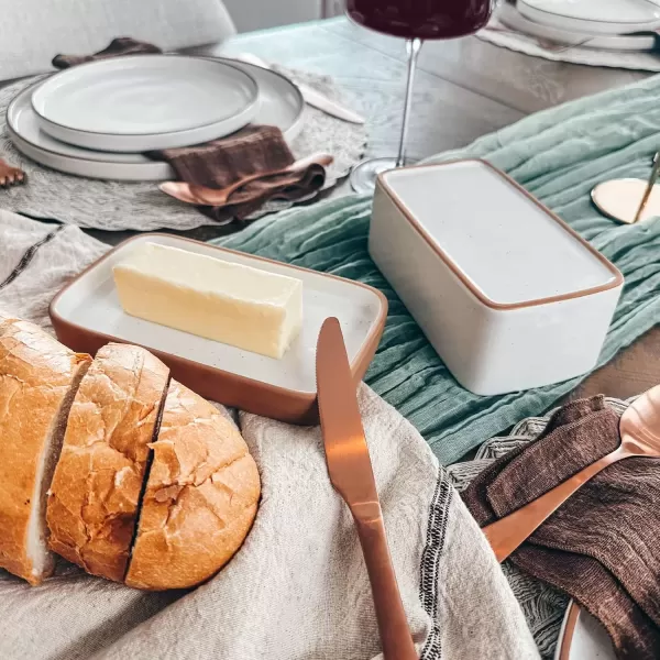 imageMora Ceramic TwoinOne Butter Dish with Lid Covered Butter Crock Container to Leave on Countertop  Large Storage KeeperHolder for Kitchen Gifts for Her Butter Tray For Counter  Sesame MilkVanilla White