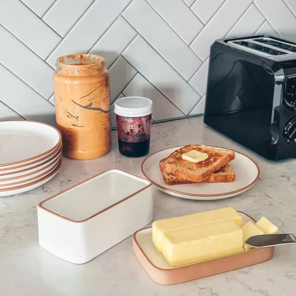 imageMora Ceramic TwoinOne Butter Dish with Lid Covered Butter Crock Container to Leave on Countertop  Large Storage KeeperHolder for Kitchen Gifts for Her Butter Tray For Counter  Sesame MilkVanilla White