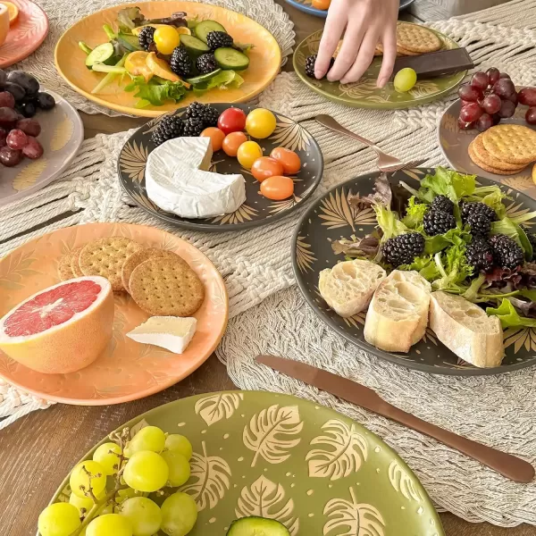 imageMora Ceramic Boho Leaves Plates Set of 678in  Dessert Salad Appetizer Party Serving Plate Microwave Oven and Dishwasher Safe Scratch Resistant Porcelain Dish Leaf Pattern Creamy BeigeBold Colors