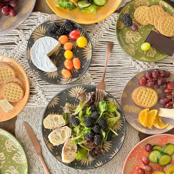 imageMora Ceramic Boho Leaves Plates Set of 678in  Dessert Salad Appetizer Party Serving Plate Microwave Oven and Dishwasher Safe Scratch Resistant Porcelain Dish Leaf Pattern Creamy BeigeBold Colors