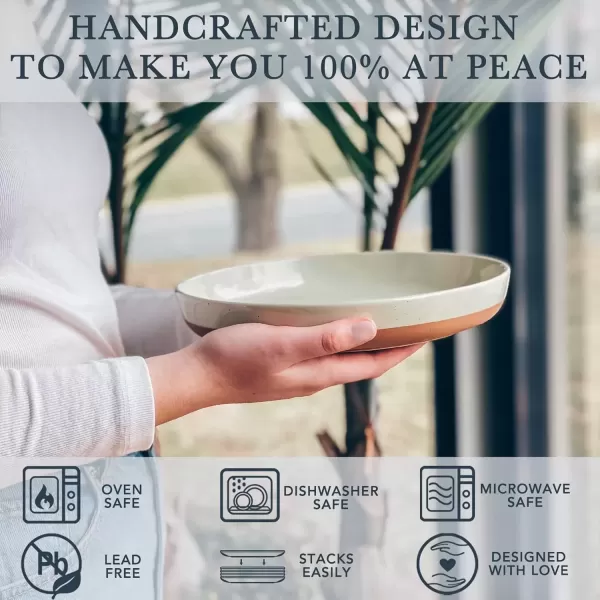 imageMora Ceramic Flat Pasta Bowl Set of 435oz Microwave Safe Plate with High Edge for Kitchen and Eating Large Wide BowlsPlates for Serving Dinner Salad etc NeutralsAssorted Neutrals